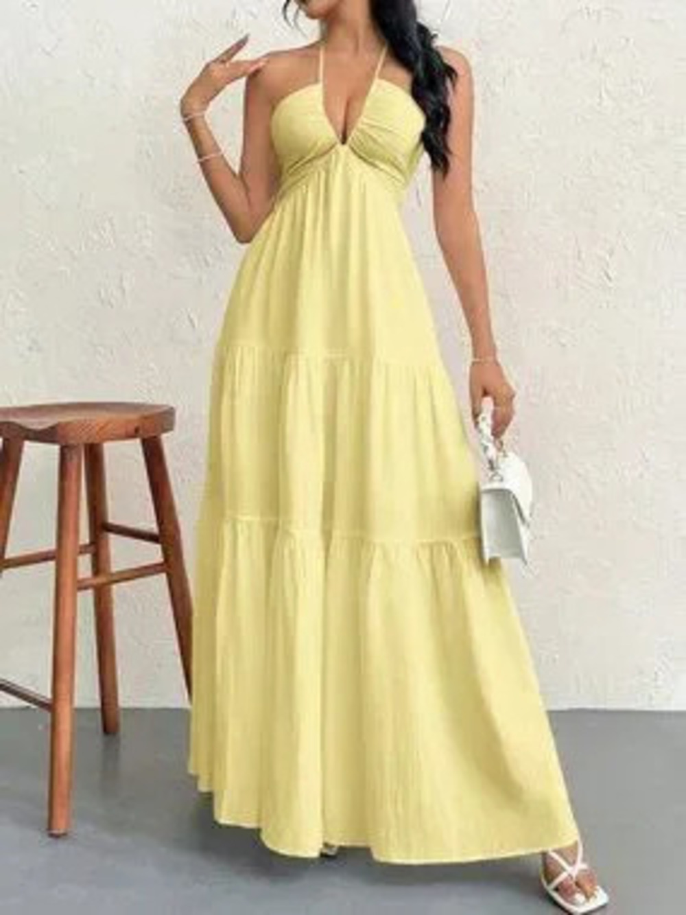 ZARA Yellow Sexy Women's Chiffon Halter Backless Dress With Tie Lace